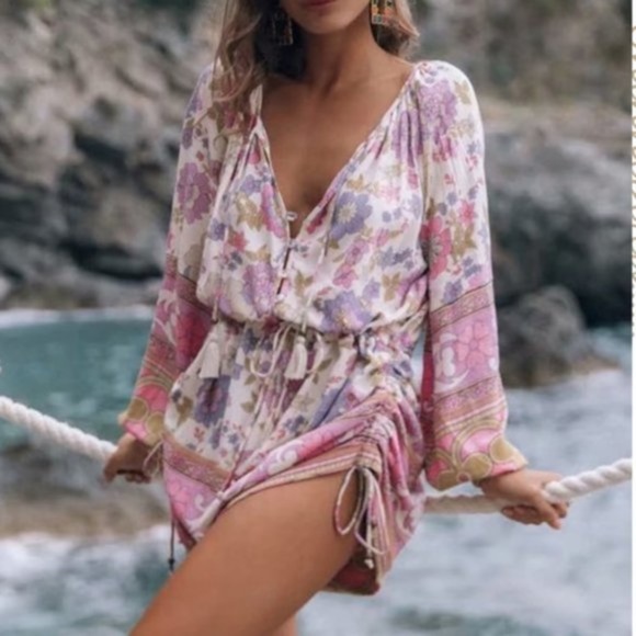 Boho Pink Floral Print Button up Ruched Side Romper - Picture 2 of 7